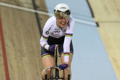 GLASGOW, SCOTLAND - APRIL 23: Katie Archibald of Great Britain celebrates victory in the Women's Omnium Elimination Race during day three of the UCI Track Nations Cup at Sir Chris Hoy Velodrome on April 23, 2022 in Glasgow, Scotland. (Photo by Ian MacNicol/Getty Images)