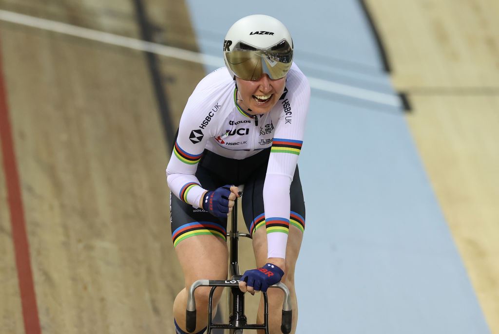 Katie Archibald of Great Britain celebrates victory in the Women&amp;apos;s Omnium Elimination Race during day three of the UCI Track Nations Cup in Glasgow