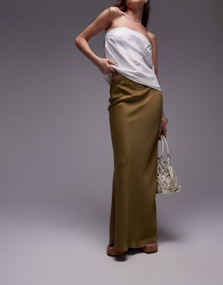 Topshop Satin Bias Maxi Skirt in Khaki