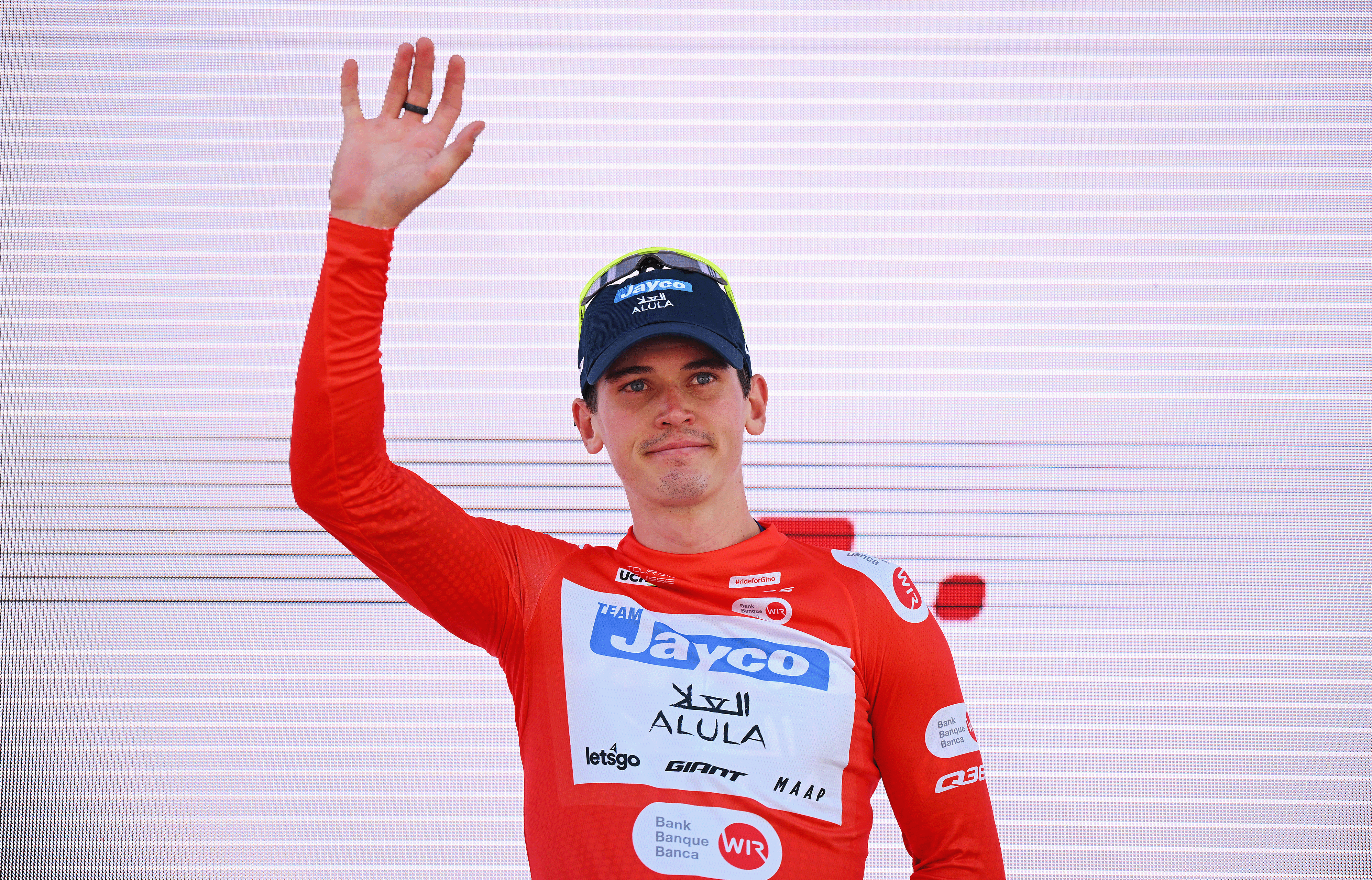 HEIDEN, SWITZERLAND - JUNE 17: Felix Engelhardt of Germany and Team Jayco AlUla celebrates at podium as Red Mountain Jersey winner during the 88th Tour de Suisse, Stage 3 a 195.6km stage from Aarau to Heiden 809m / #UCIWT / on June 17, 2025 in Heiden, Switzerland. (Photo by Tim de Waele/Getty Images)