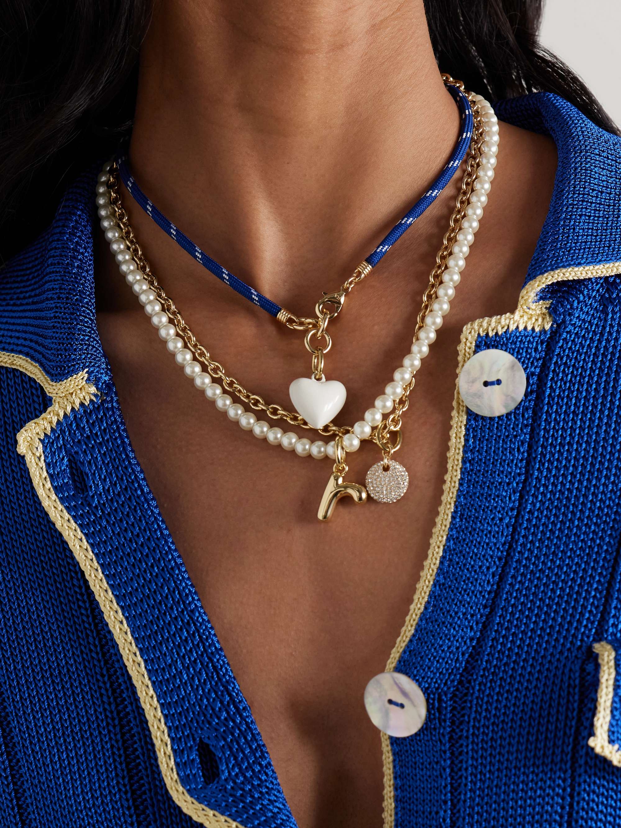 Happy Heart Set of Three Gold-Tone, Cord, Faux Pearl, Crystal and Enamel Necklaces
