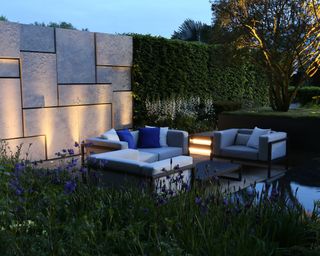 smart urban garden with feature wall with lights