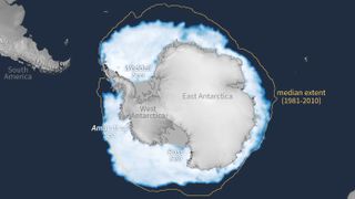 A map of Antarctica shows the extent of sea ice in June 2023 compared with the average between 1981 and 2010.