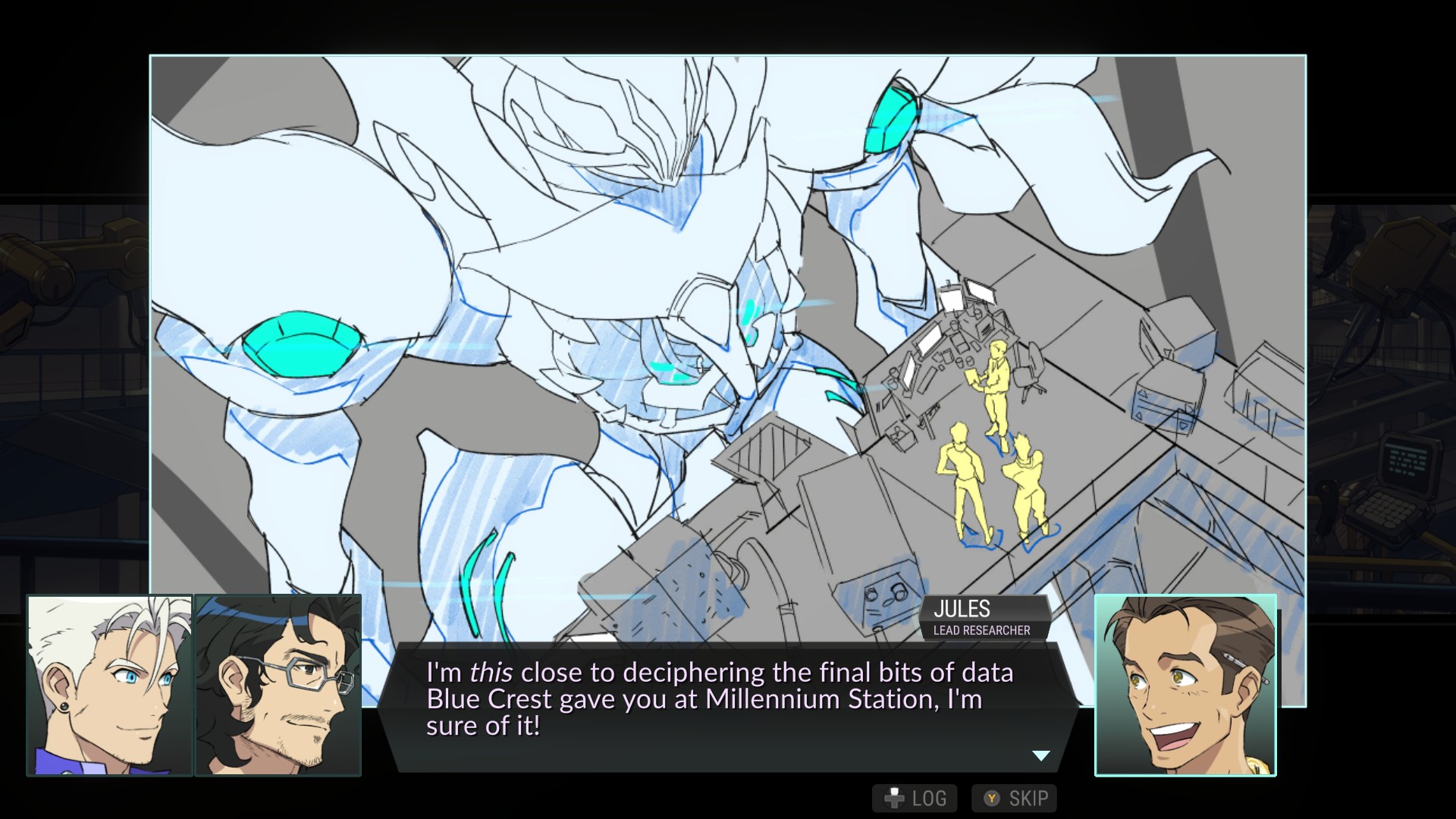 Characters stand near a giant mech.