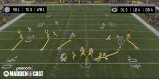 A football field with players showing how the Madden NFL Cast will mix live action and video game imagery