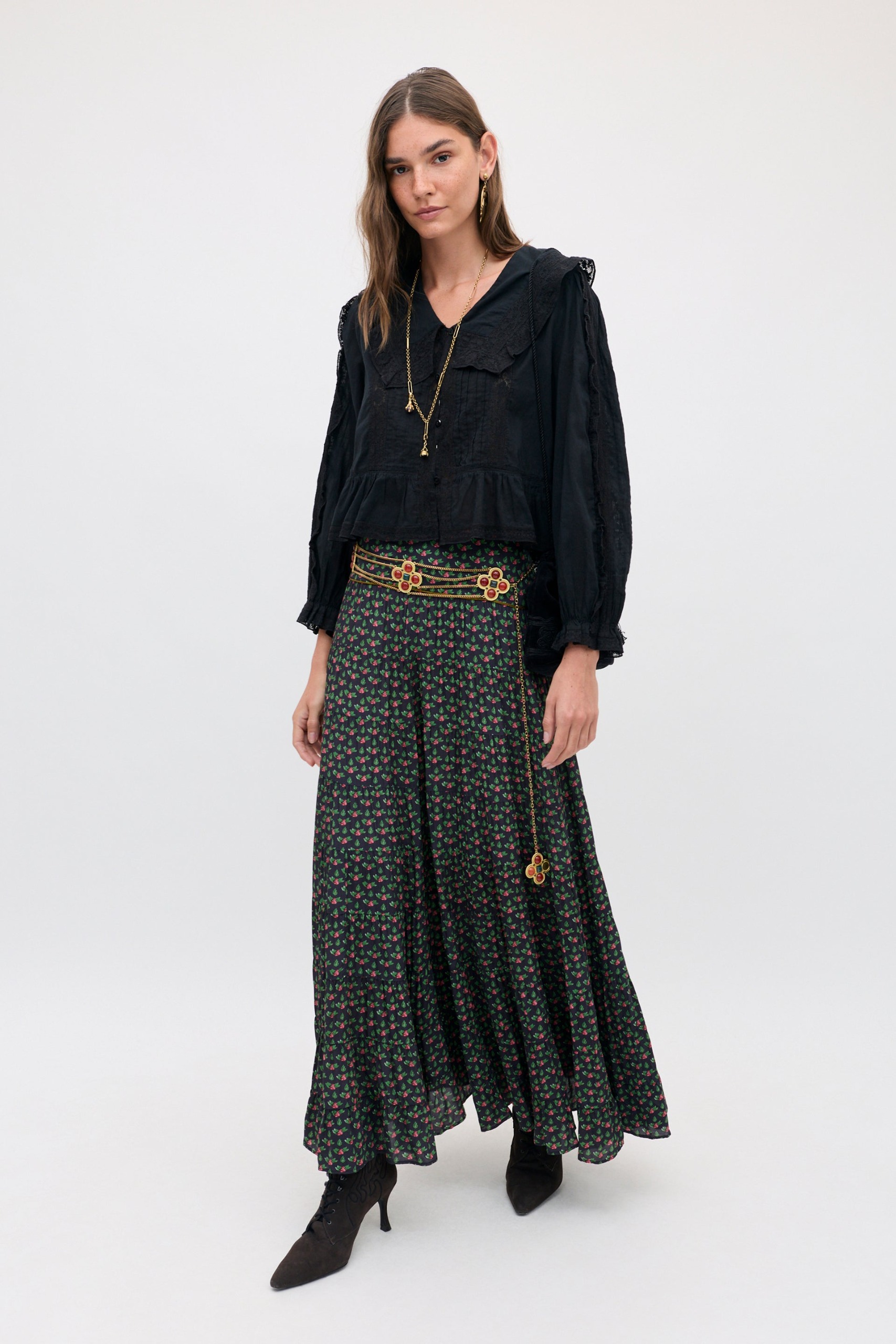 Joey Midi Skirt in Black Mini Rose Pink