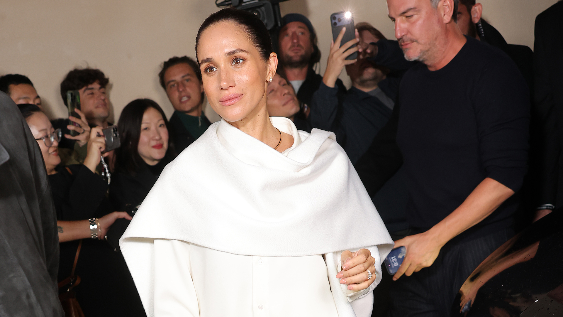 PARIS, FRANCE - OCTOBER 04: Meghan Markle, Duchess of Sussex attends the Balenciaga Womenswear Spring/Summer 2026 show as part of Paris Fashion Week on October 04, 2025 in Paris, France. (Photo by Arnold Jerocki/Getty Images for Balenciaga)