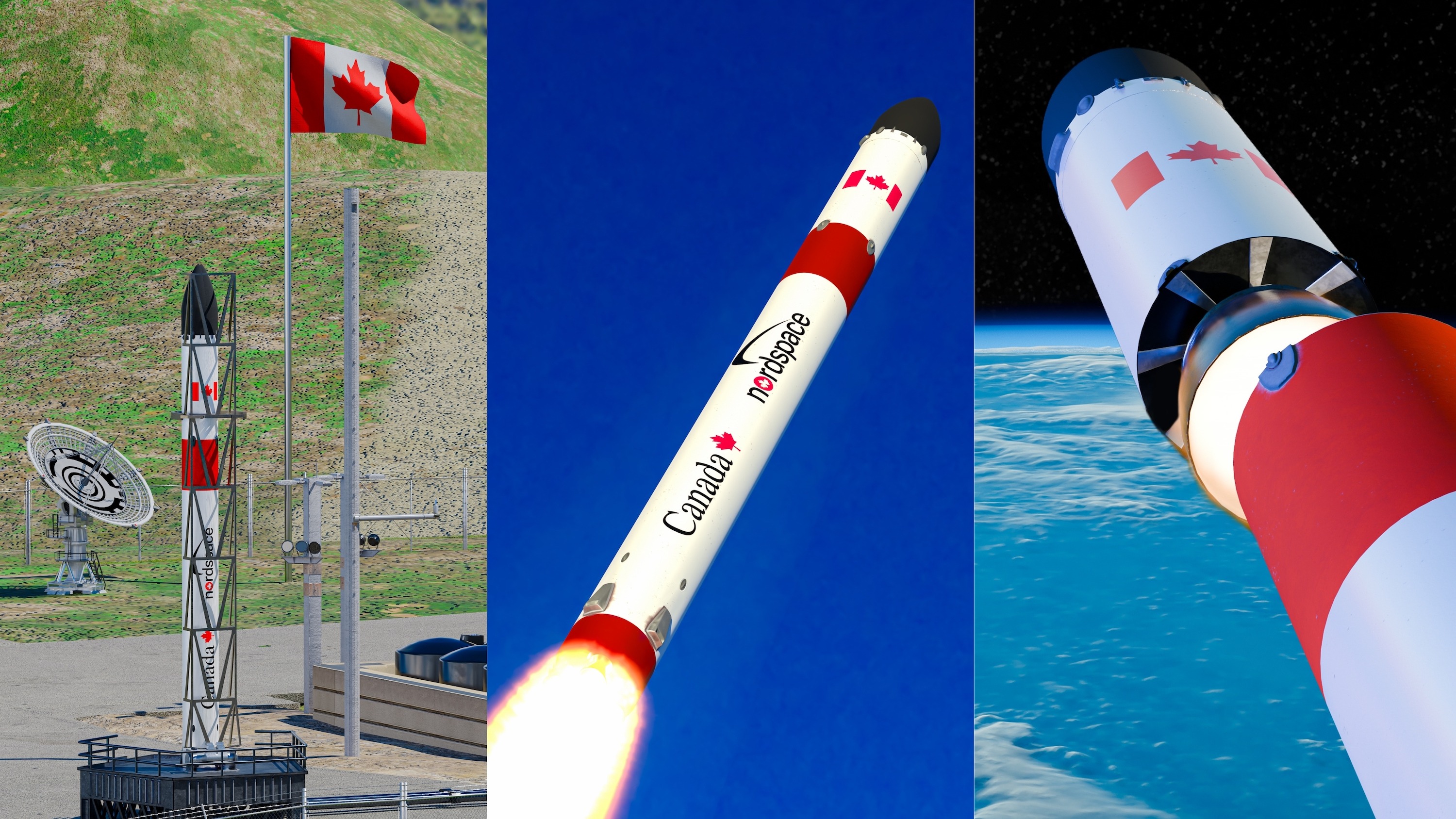 Three panels show a rocket on a launchpad on the left, it launching in the air in the middle, and stage separation in space on the right.