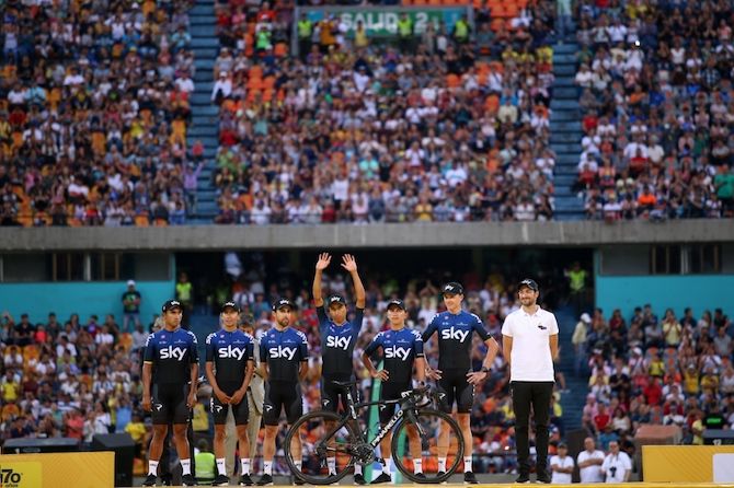 Team Sky's Egan Bernal salutes the crowds at the Tour Colombia teams presentation
