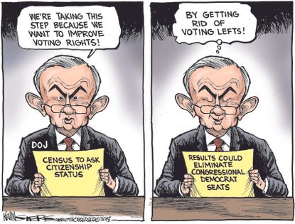 Political cartoon U.S. Jeff Sessions voting rights citizenship census question