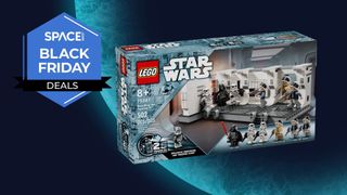 Lego Boarding the Tantive IV Set, against a planet, with a Space Black Friday Deals logo. 