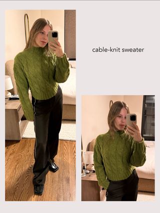 Nikki wears a green cable knit sweater, brown wide-leg pants, and square-toe black loafers.