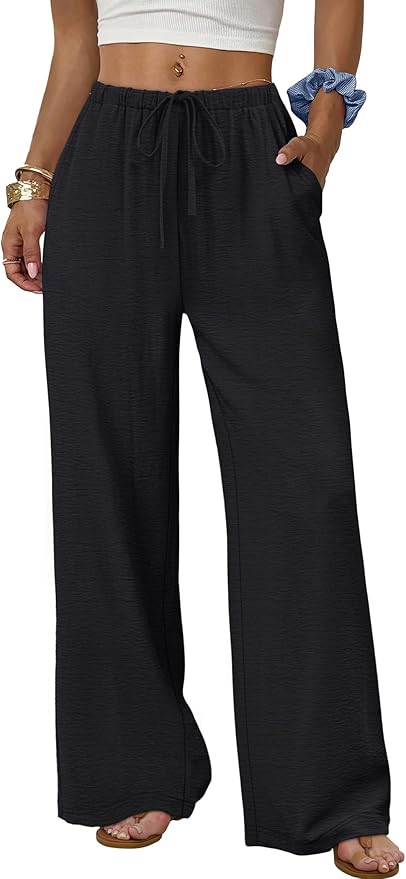 Sampeel, Sampeel Women's Pants Wide Leg Dressy Black Linen Pants Work Palazzo Business Casual Outfits Fahion Beach Vacation Clothes Summer Outfits Travel Comfy Trousers L