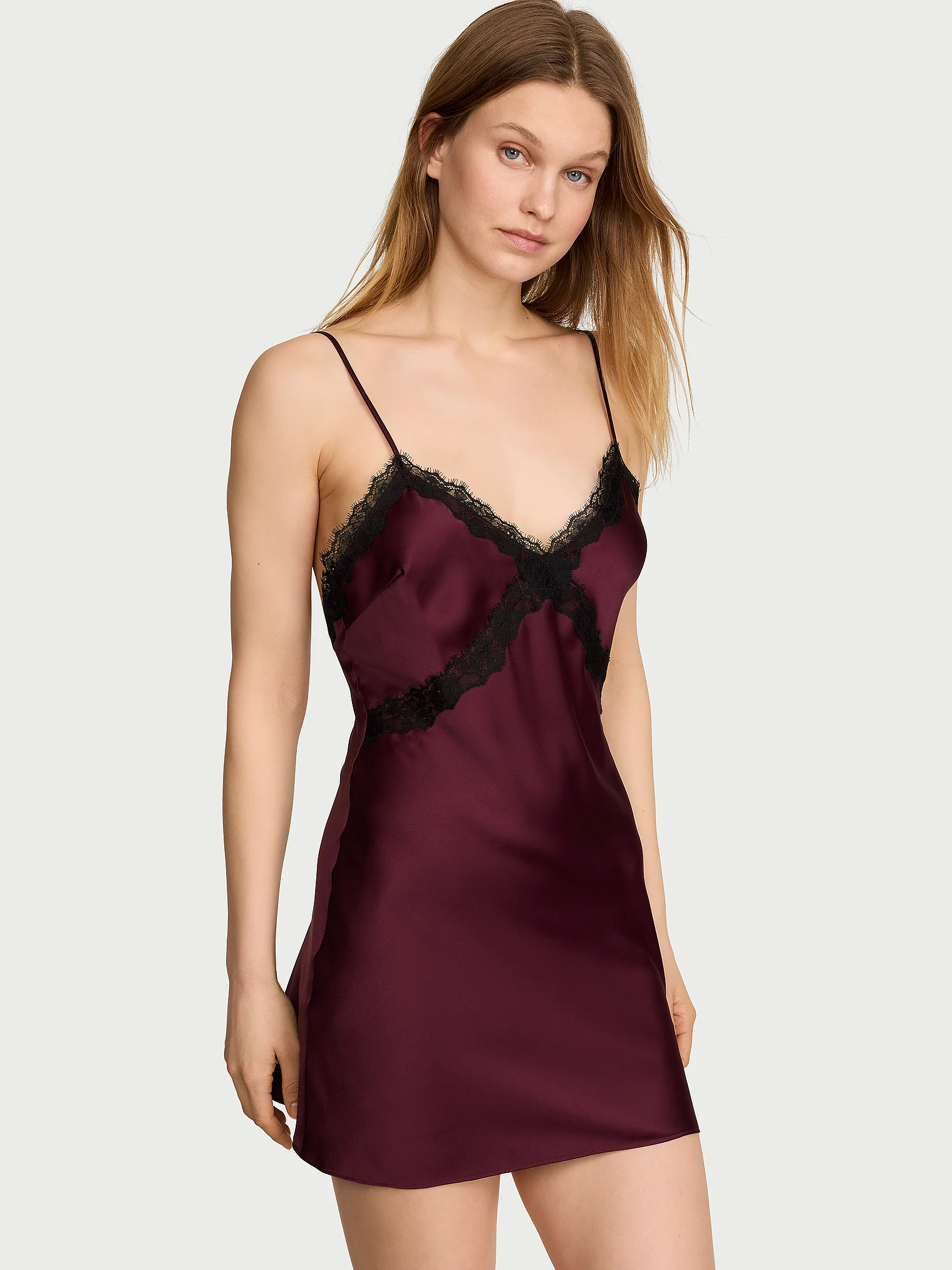 Victoria's Secret, Satin Rose Lace-Trim Mini Slip Dress