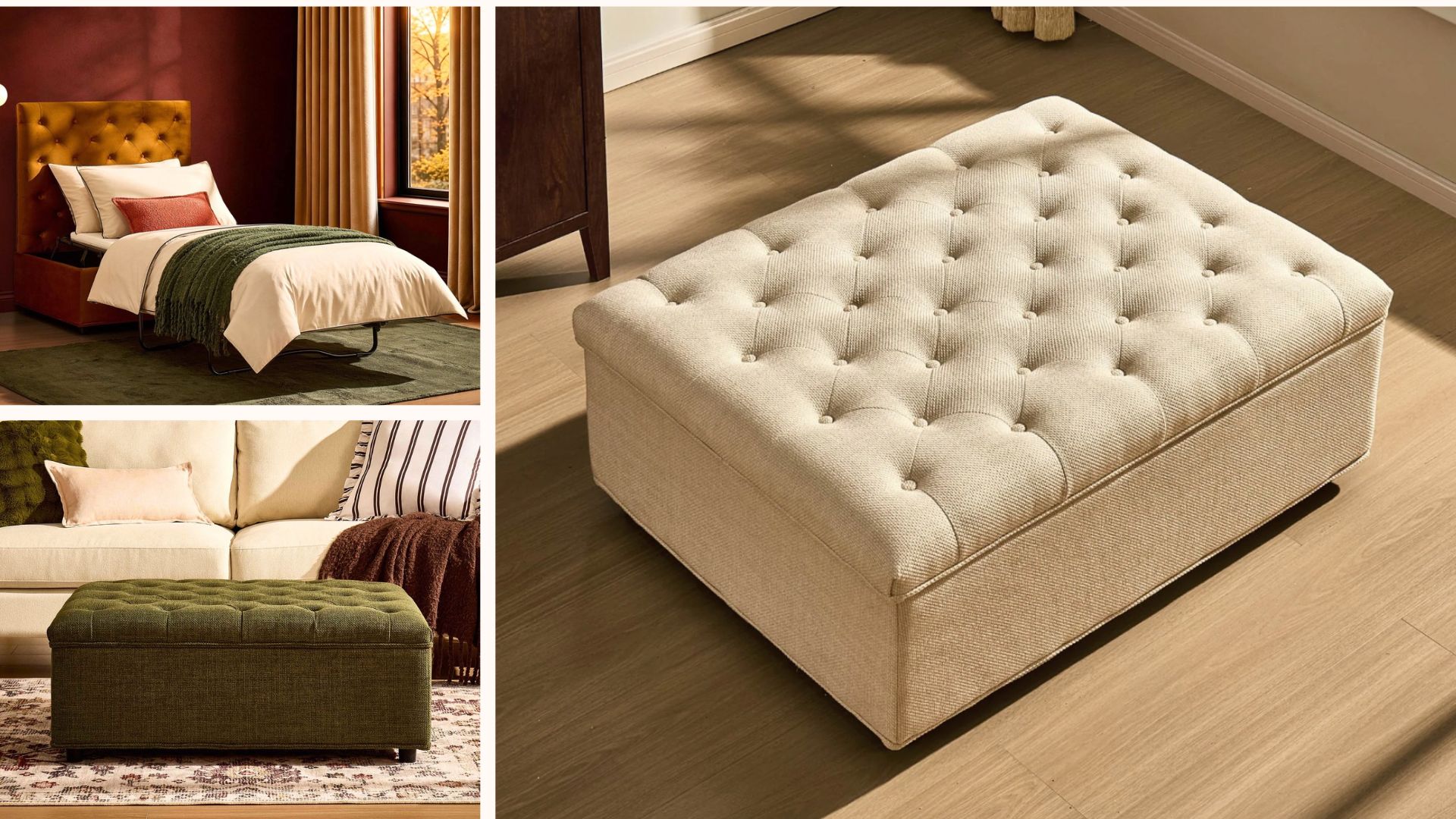 Collage of the Dusk Ottoman sofa bed in burnt orange, olive green and beige