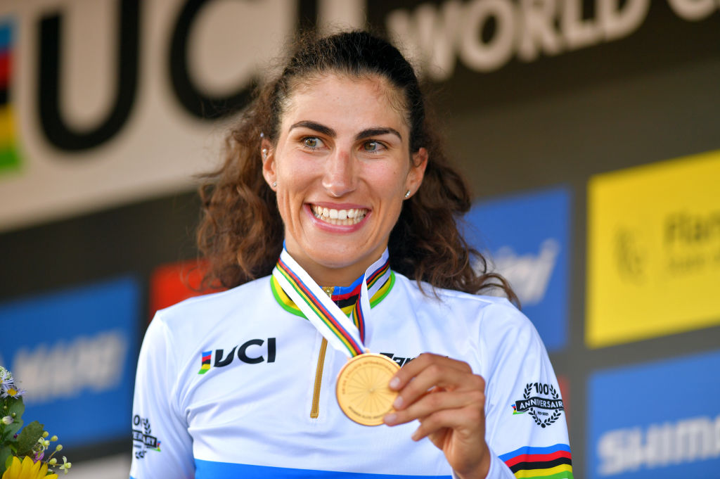 LEUVEN BELGIUM SEPTEMBER 25 Elisa Balsamo of Italy poses with the gold medal after the 94th UCI Road World Championships 2021 Women Elite Road Race a 1577km race from Antwerp to Leuven flanders2021 on September 25 2021 in Leuven Belgium Photo by Luc ClaessenGetty Images