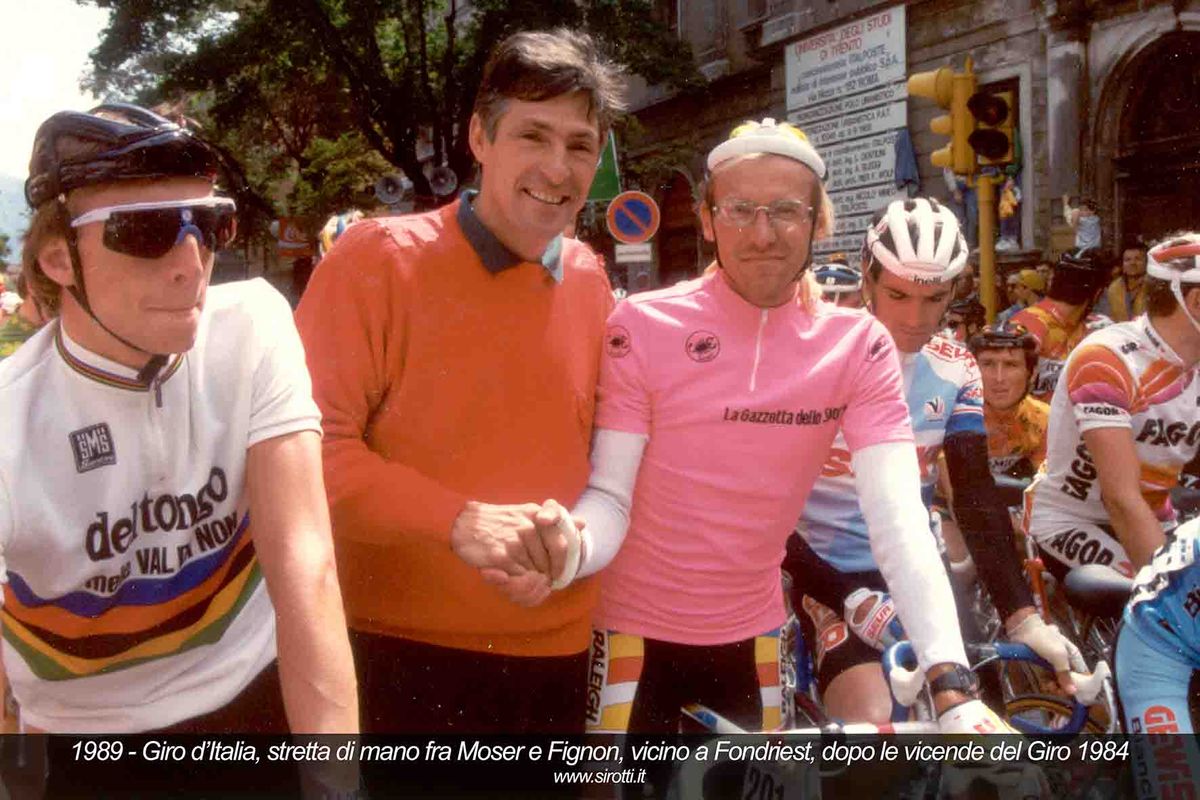 Francesco Moser and Laurent Fignon shakes hands at the 1989 Giro d'Italia