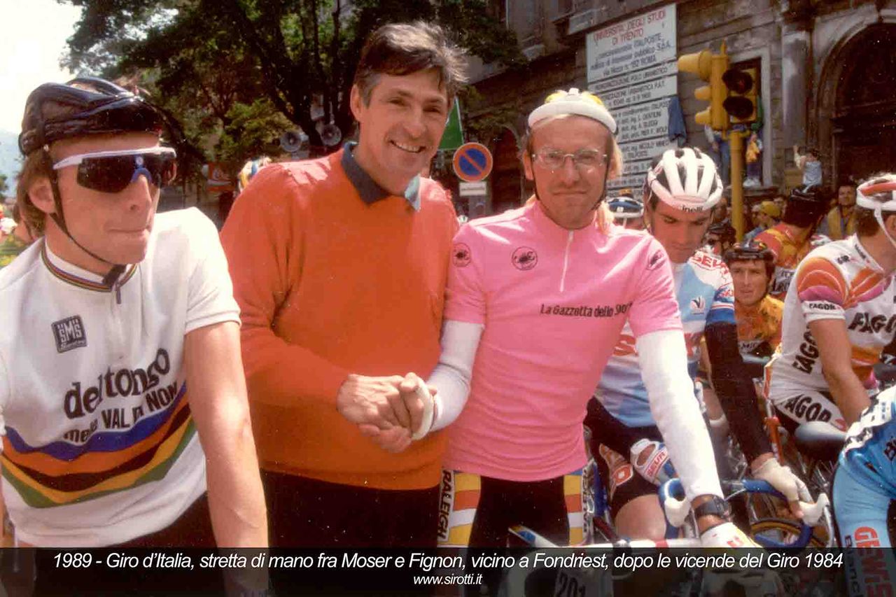 Francesco Moser and Laurent Fignon shakes hands at the 1989 Giro d'Italia