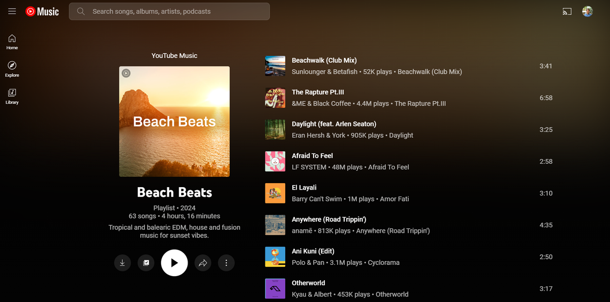 Youtube music playlist and album redesigned UI on the web