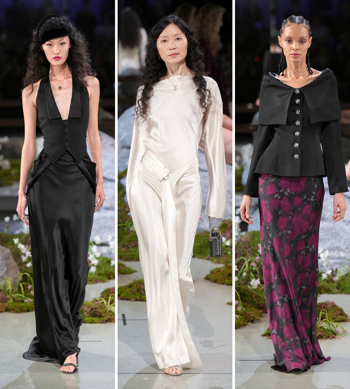 a collage of 3 models at the patrick mcdowell aw26 show during london fashion week