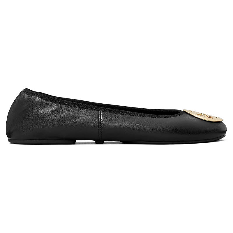 Black ballet pumps with gold emblem, Tory Burch