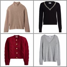 product collage of Nordstrom V-Neck Cashmere Sweater, J.Crew Cable-Knit Cardigan Sweater, Gap Oversized Split-Hem Mockneck Sweater, Milly Kalia Crystal-Trim Sweater on white background with grey border 