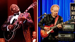 Left- BB King playing his guitar Lucille on stage/Right - Lee Ritenour performs at Blue Note on November 23, 2023 in Milan, Italy
