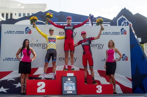 The USA Pro Challenge stage 7 podium (L-R): Christian Vande Velde (Garmin-Sharp), Taylor Phinney (BMC) and Tejay van Garderen (BMC)