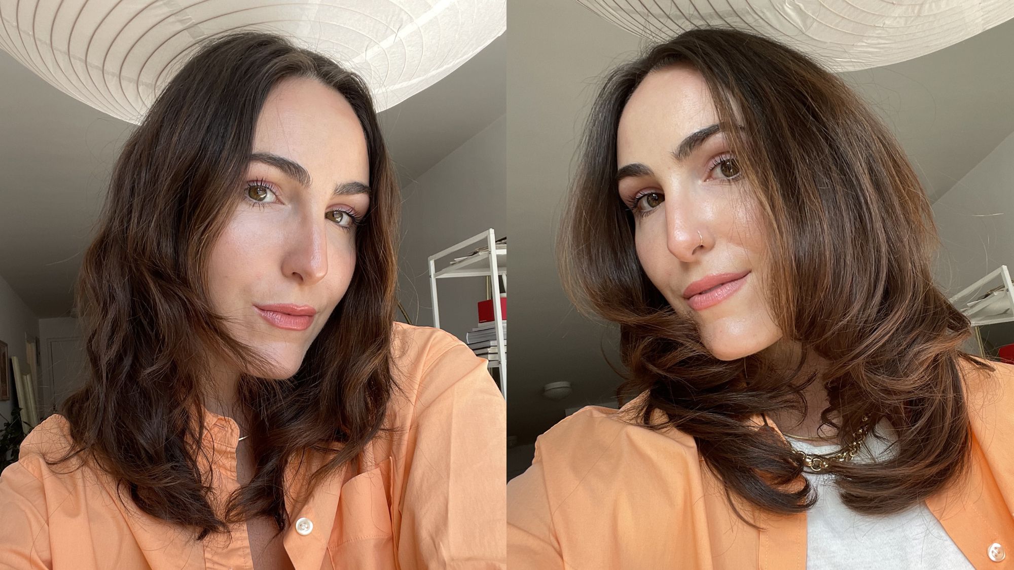 Images of Anna LaPlaca before and after using hot rollers.