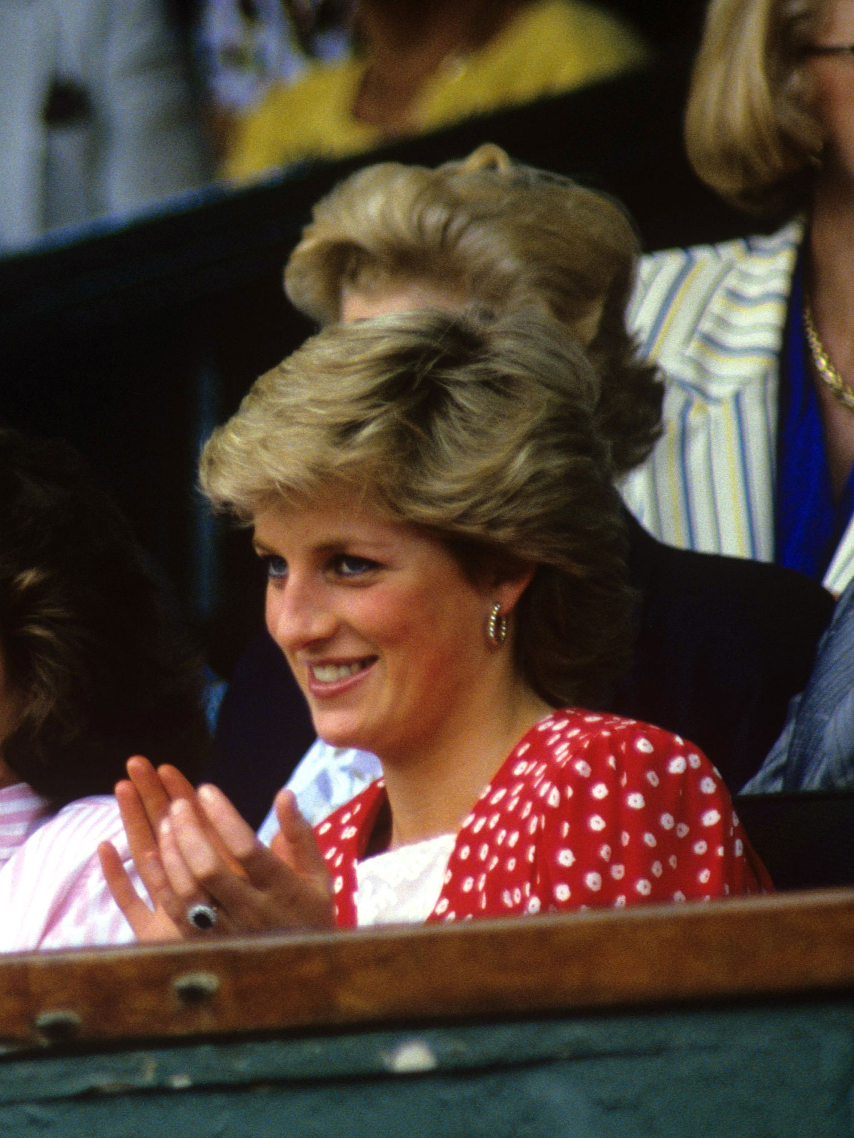 Princess Diana wears red and white polka dots at Wimbledon.