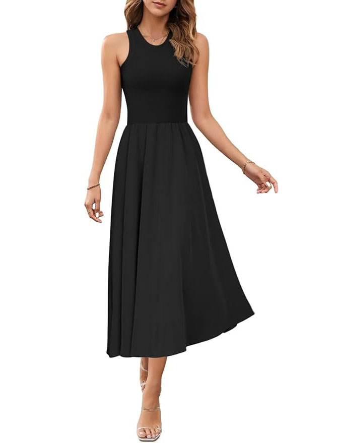 Vafful Women's Summer Sleeveless Tank Dress Midi Dresses Square Neck Ribbed Tops a Line Flowy Pleated Basic Casual Dress Black S