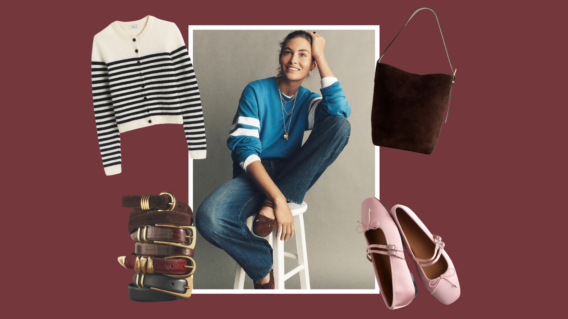 Collage of madewell model sitting on white stool with white border with madewell striped sweater, bucket bag, stack of belts, and pink ballet flats overlaid muted red background