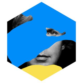 Beck's Colors album cover features a black and white portrait photo in a hexagon, with blue and yellow shapes overlaid