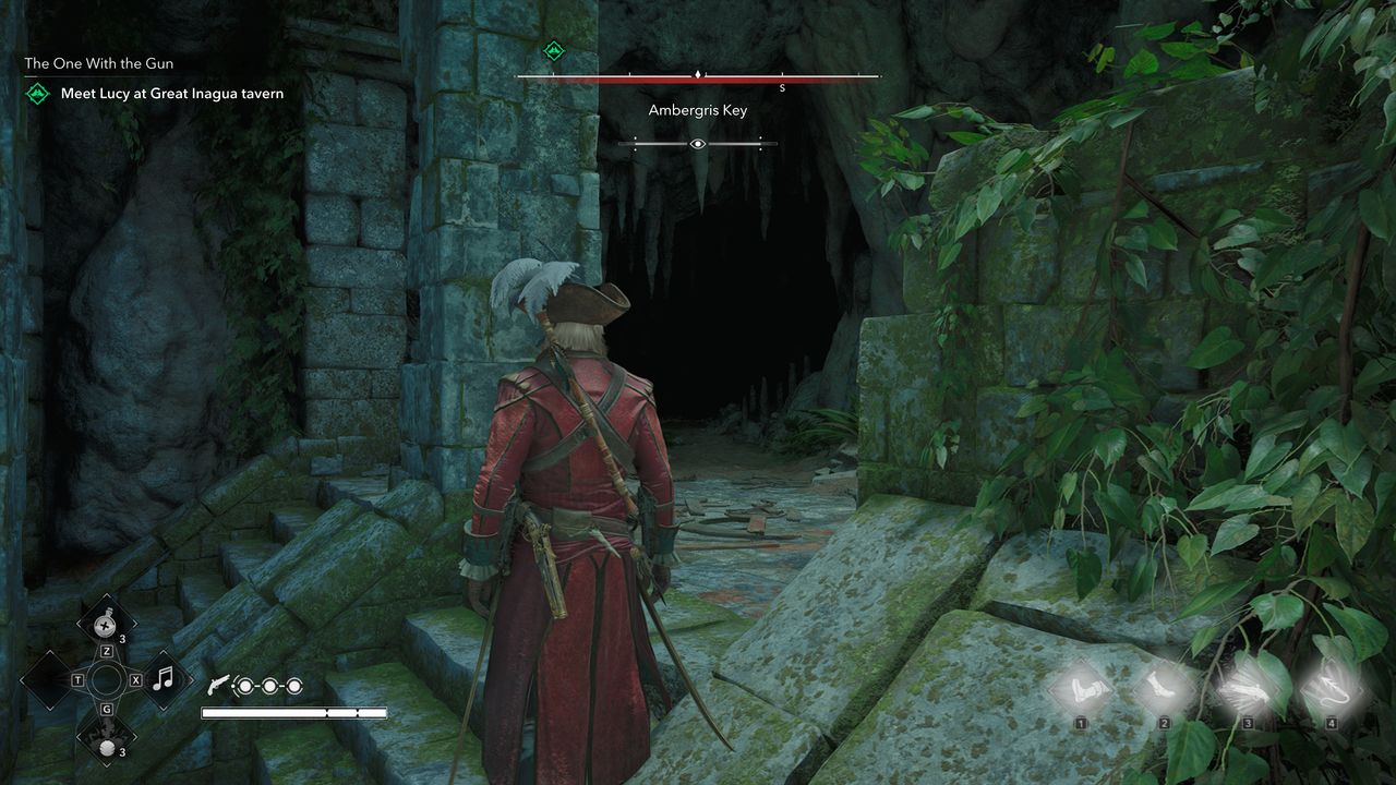Black Flag treasure maps: Edward standing outside a crevice inside an old Mayan ruin.
