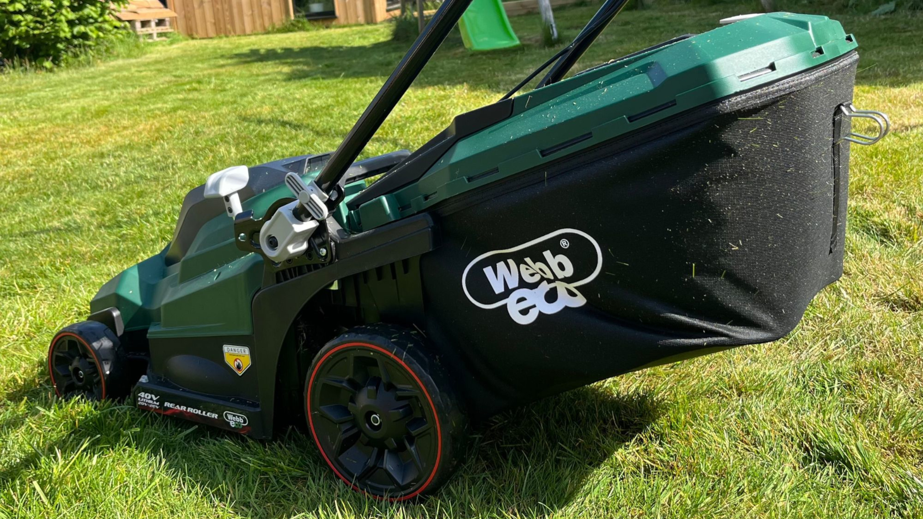 webb 40v cordless rear roller lawn mower on grass
