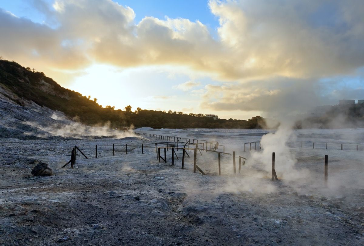 Solfatara is a shallow volcanic crater that is part of the Campi Flegrei caldera near Naples, Italy.