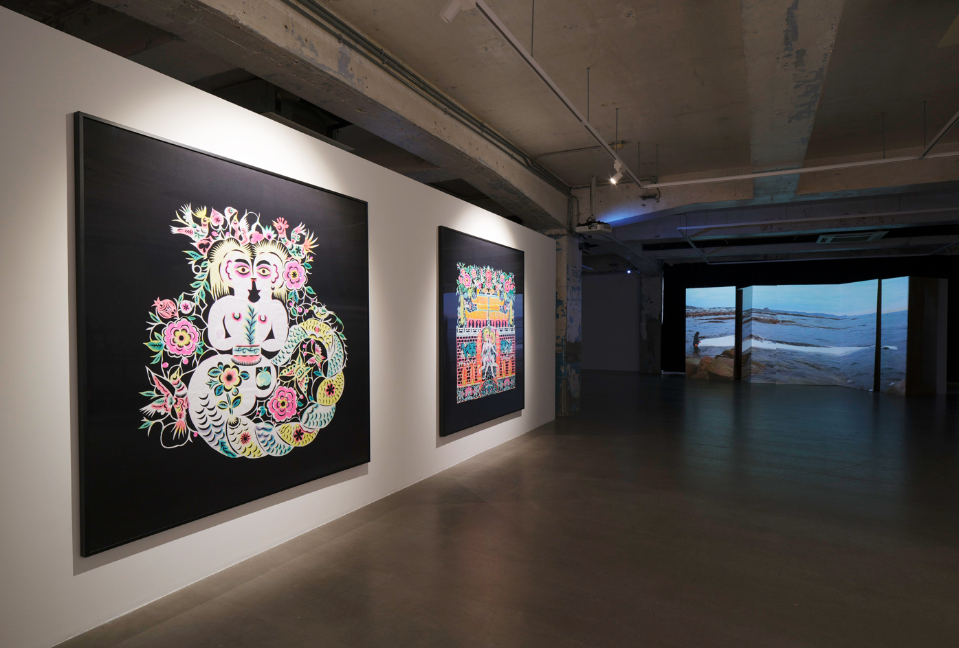 Artworks on wall at Blindspot Gallery Hong Kong, part of group show Soy Dreams of Milk