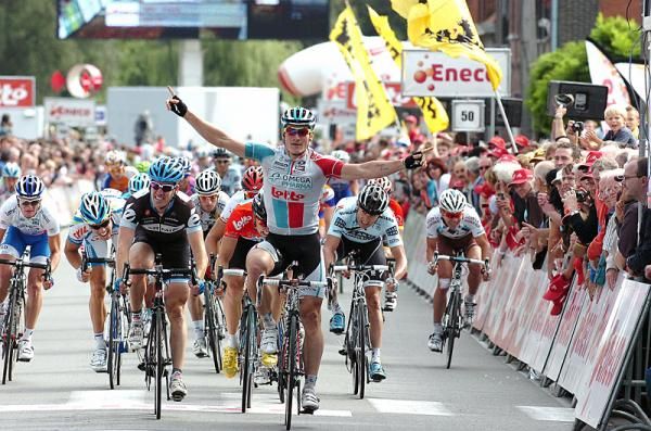 Andr&eacute; Greipel (Omega Pharma-Lotto) wins stage 2 at the Eneco Tour, the German's second straight victory.