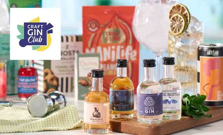 craft gin club logo top left with square image of gins
