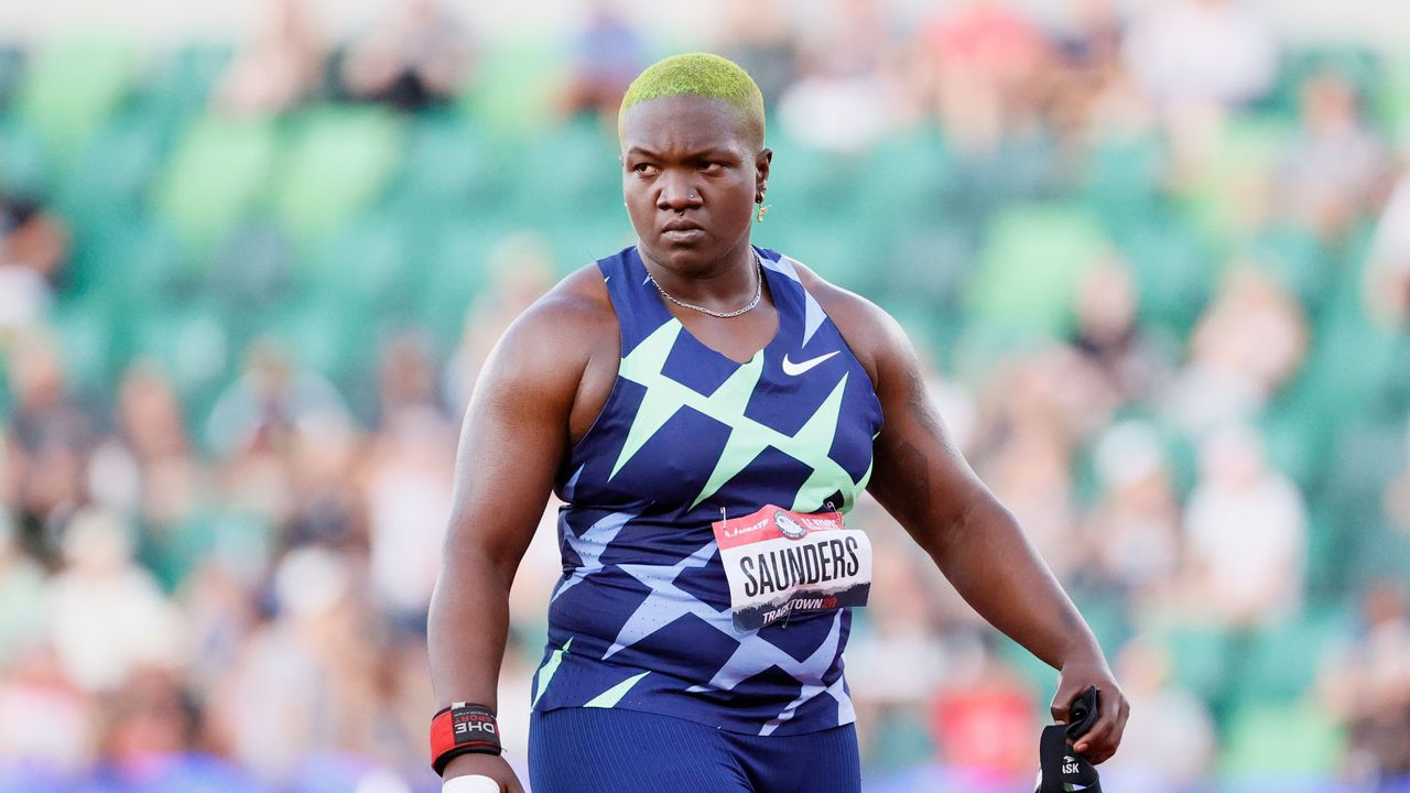 eugene, oregon june 24 raven saunders reacts as she competes in the womens shot put finals on day seven of the 2020 us olympic track field team trials at hayward field on june 24, 2021 in eugene, oregon photo by steph chambersgetty images