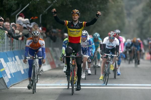 Tom Boonen (Quick Step) lifts his arms after taking victory over Paul Martens (Rabobank)
