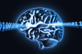Illustration of brain with computer numbers coming from it.