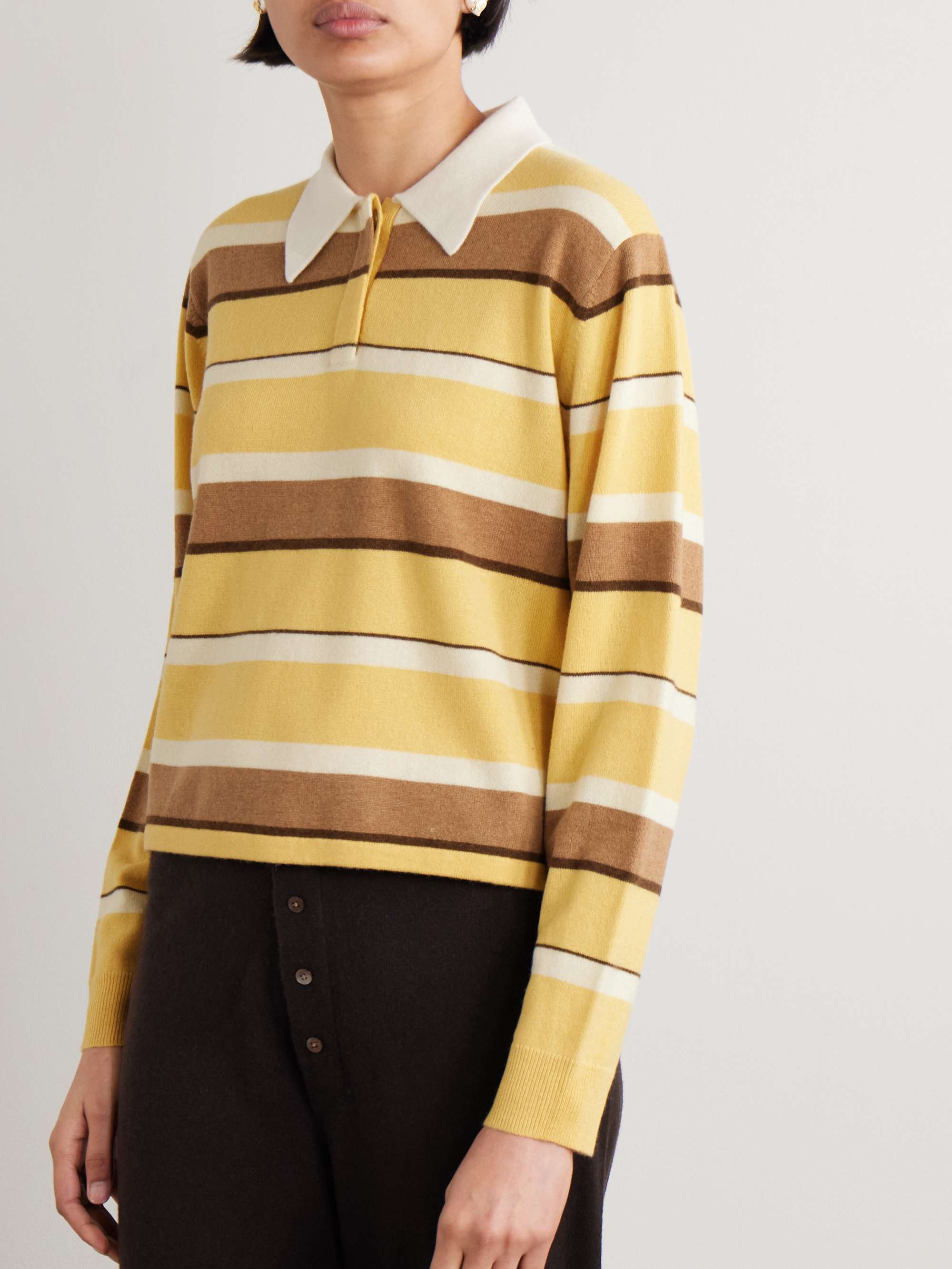 Cropped Striped Cashmere Polo Sweater