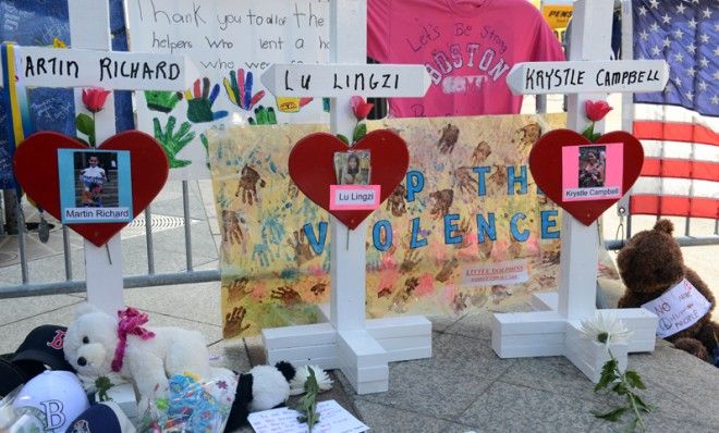 A memorial for the three people killed at the Boston Marathon.