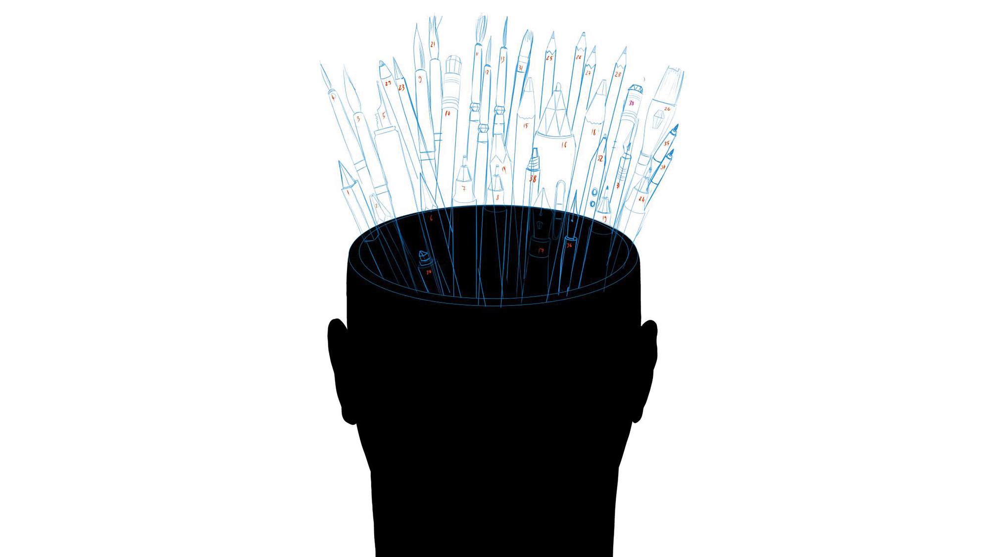 Danie Stolle illustration person with pens coming out of their head