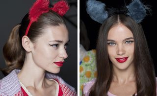 As experimental as the young designer's collection, Ryan Lo's whimsical creatures came outfitted with bright bunny ears that neatly sat on Mark Hampton's shiny hairdos