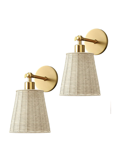 Peel-and-Stick Rattan Wall Lights, Set of 2