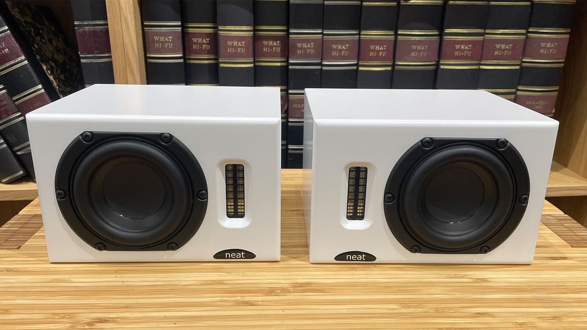 Neat Iota II speakers placed on wooden shelf