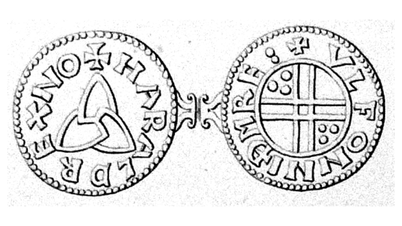 An 1865 engraving of the Harald Hardrada penning coin. On one side you see Harald's name going around the edge of the coin and a triquetra in the middle. Then on the other side you can see some more Norse writing along the edge of the coin and in the middle is a circle with a giant hashtag pattern with 3 circles in the top left and bottom right sections.