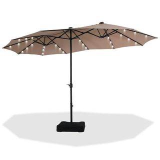 Summit Living 15ft Double-Sided Solar Patio Umbrella With Base (included) Large Outdoor Umbrella With Solar Lights Beige